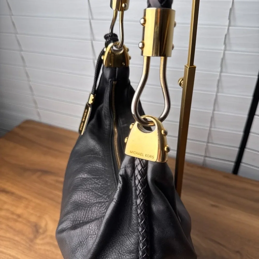 Michael Kors Skorpios Hobo Shoulder Bag Black Pebbled Leather Braided Handle
